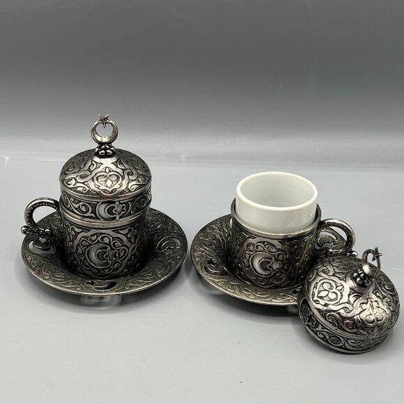 2 Coffee Cup Saucer Sets Silver Color Porcelain Insert Mug Ottoman Turkish - Picture 12 of 12